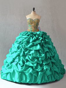 Unique Taffeta Sweetheart Sleeveless Brush Train Lace Up Beading and Pick Ups 15 Quinceanera Dress in Turquoise