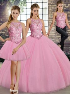 Embroidery Quinceanera Gown Pink Lace Up Sleeveless Floor Length