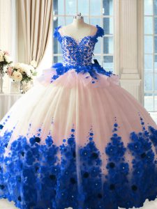 Sleeveless Hand Made Flower Zipper Quince Ball Gowns with Blue And White Brush Train