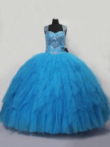 Inexpensive Beading and Ruffles Sweet 16 Quinceanera Dress Blue Lace Up Sleeveless Floor Length