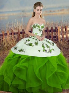 Attractive Floor Length Lace Up Quinceanera Gown Green for Military Ball and Sweet 16 and Quinceanera with Embroidery and Ruffles and Bowknot