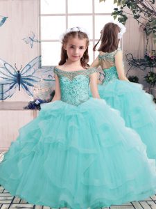Scoop Sleeveless Lace Up Kids Pageant Dress Aqua Blue Tulle