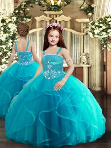 Baby Blue Sleeveless Beading and Ruffles Floor Length Child Pageant Dress