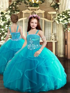 Baby Blue Sleeveless Beading and Ruffles Floor Length Child Pageant Dress