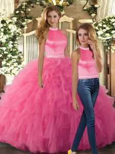 Stylish Halter Top Sleeveless Tulle Sweet 16 Dresses Beading and Ruffles Backless