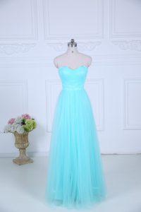 Sweet Tulle Sweetheart Sleeveless Zipper Ruching Quinceanera Court of Honor Dress in Aqua Blue