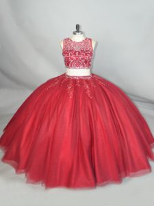 Graceful Red Scoop Neckline Beading and Appliques Ball Gown Prom Dress Sleeveless Zipper