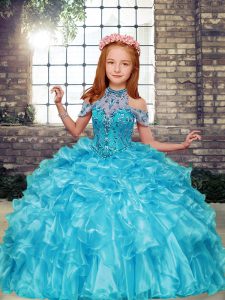 Aqua Blue Ball Gowns Beading and Ruffles Evening Gowns Lace Up Organza Sleeveless Floor Length
