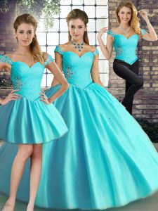 Classical Aqua Blue Sleeveless Tulle Lace Up Sweet 16 Quinceanera Dress for Military Ball and Sweet 16 and Quinceanera