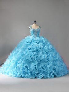 Baby Blue Zipper Straps Beading and Ruffles Quince Ball Gowns Fabric With Rolling Flowers Sleeveless Court Train
