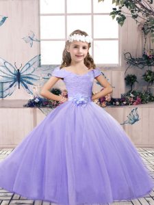 Lavender Ball Gowns Tulle Off The Shoulder Sleeveless Lace and Belt Floor Length Lace Up Child Pageant Dress