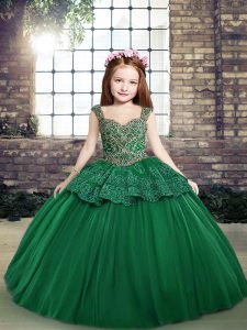 Discount Tulle Straps Sleeveless Lace Up Beading and Lace Little Girl Pageant Gowns in Dark Green