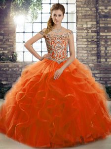 High Class Orange Red Sleeveless Beading and Ruffles Lace Up Sweet 16 Dress