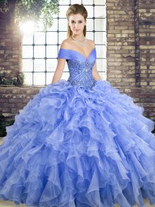 High Quality Lavender Sleeveless Brush Train Beading and Ruffles Quince Ball Gowns