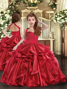 Fancy Red Little Girls Pageant Gowns Party and Sweet 16 and Wedding Party with Ruffles Straps Sleeveless Lace Up