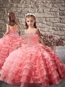 Straps Brush Train Lace Up Little Girls Pageant Dress Wholesale Watermelon Red Organza