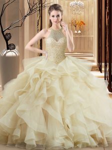 Fantastic Champagne Ball Gowns Beading and Ruffles Sweet 16 Dress Organza Sleeveless