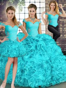 Aqua Blue Three Pieces Off The Shoulder Sleeveless Organza Floor Length Lace Up Beading and Ruffles Sweet 16 Quinceanera Dress