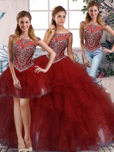 Scoop Sleeveless Zipper Sweet 16 Dresses Burgundy Organza