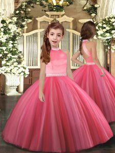 Modern High-neck Sleeveless Pageant Gowns For Girls Floor Length Beading Coral Red Tulle