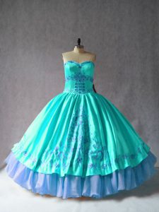 Aqua Blue Sweetheart Neckline Embroidery Sweet 16 Quinceanera Dress Sleeveless Lace Up