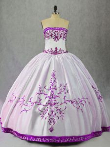 Lovely Embroidery Sweet 16 Dress White And Purple Lace Up Sleeveless Floor Length