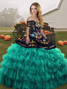 Cute Turquoise Ball Gowns Off The Shoulder Sleeveless Organza Floor Length Lace Up Embroidery and Ruffled Layers Vestidos de Quinceanera