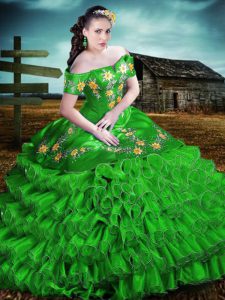 Perfect Green Off The Shoulder Lace Up Embroidery and Ruffles Vestidos de Quinceanera Sleeveless