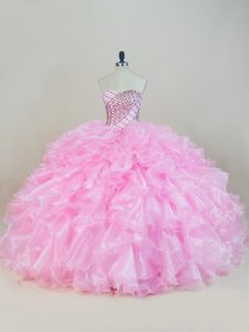 Baby Pink Ball Gown Prom Dress Sweet 16 and Quinceanera with Beading and Ruffles Sweetheart Sleeveless Lace Up