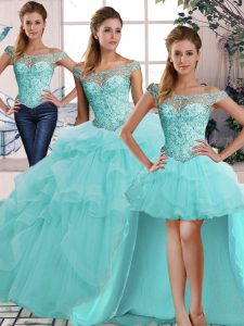 Aqua Blue Sleeveless Beading and Ruffles Floor Length Sweet 16 Quinceanera Dress