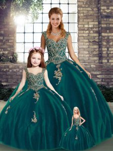 Sleeveless Tulle Floor Length Lace Up Sweet 16 Quinceanera Dress in Peacock Green with Beading and Appliques