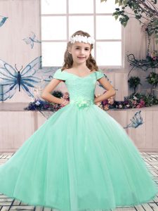 Off The Shoulder Sleeveless Lace Up Girls Pageant Dresses Apple Green Tulle