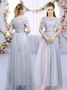 Ideal Sleeveless Tulle Floor Length Zipper Quinceanera Dama Dress in Grey with Lace and Belt