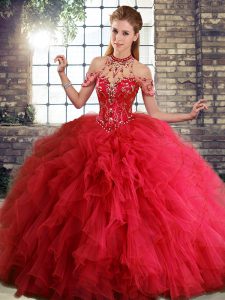 Halter Top Sleeveless Lace Up Sweet 16 Dress Red Tulle