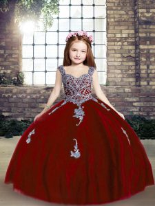 Perfect Red Ball Gowns Straps Sleeveless Tulle Floor Length Lace Up Appliques Pageant Gowns For Girls