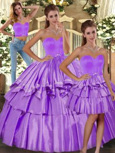 Fashion Lilac Taffeta Backless Sweetheart Sleeveless Floor Length Sweet 16 Quinceanera Dress Ruffled Layers