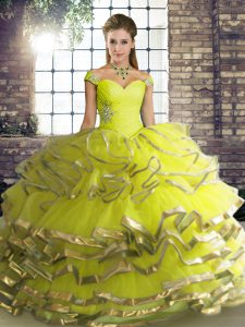 Modern Ball Gowns Quince Ball Gowns Yellow Green Off The Shoulder Tulle Sleeveless Floor Length Lace Up