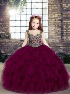 Excellent Fuchsia Sleeveless Tulle Lace Up Little Girls Pageant Gowns for Party and Wedding Party
