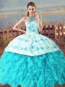 Aqua Blue Lace Up Halter Top Embroidery and Ruffles Sweet 16 Dress Organza Sleeveless Court Train