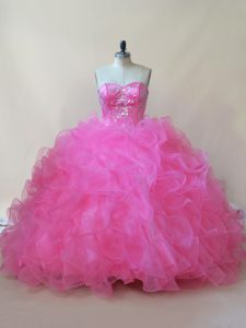 Sleeveless Tulle Floor Length Lace Up Ball Gown Prom Dress in Hot Pink with Beading and Ruffles