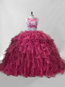 Sleeveless Organza Brush Train Zipper Quinceanera Dress in Hot Pink with Beading and Ruffles