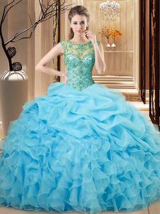 Unique Sleeveless Floor Length Beading and Ruffles Lace Up Quinceanera Gowns with Baby Blue
