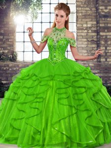 Comfortable Halter Top Sleeveless Lace Up Sweet 16 Dresses Green Tulle