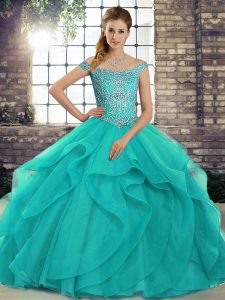 Modest Aqua Blue Off The Shoulder Lace Up Beading and Ruffles Sweet 16 Quinceanera Dress Brush Train Sleeveless