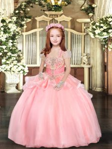 Pink Organza Lace Up Straps Sleeveless Floor Length Pageant Dress Womens Beading and Ruffles