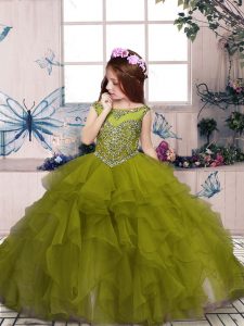 Olive Green Organza Lace Up Little Girls Pageant Dress Sleeveless Floor Length Beading and Ruffles