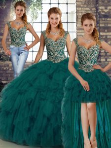 Artistic Floor Length Peacock Green Quinceanera Gowns Straps Sleeveless Lace Up