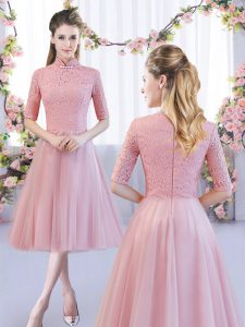 A-line Dama Dress for Quinceanera Pink High-neck Tulle Half Sleeves Tea Length Zipper