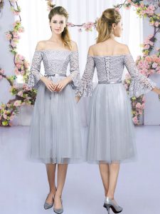 Glorious Lace and Belt Vestidos de Damas Grey Lace Up 3 4 Length Sleeve Tea Length