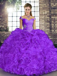 Perfect Lavender Ball Gowns Organza Off The Shoulder Sleeveless Beading and Ruffles Floor Length Lace Up Quinceanera Dress